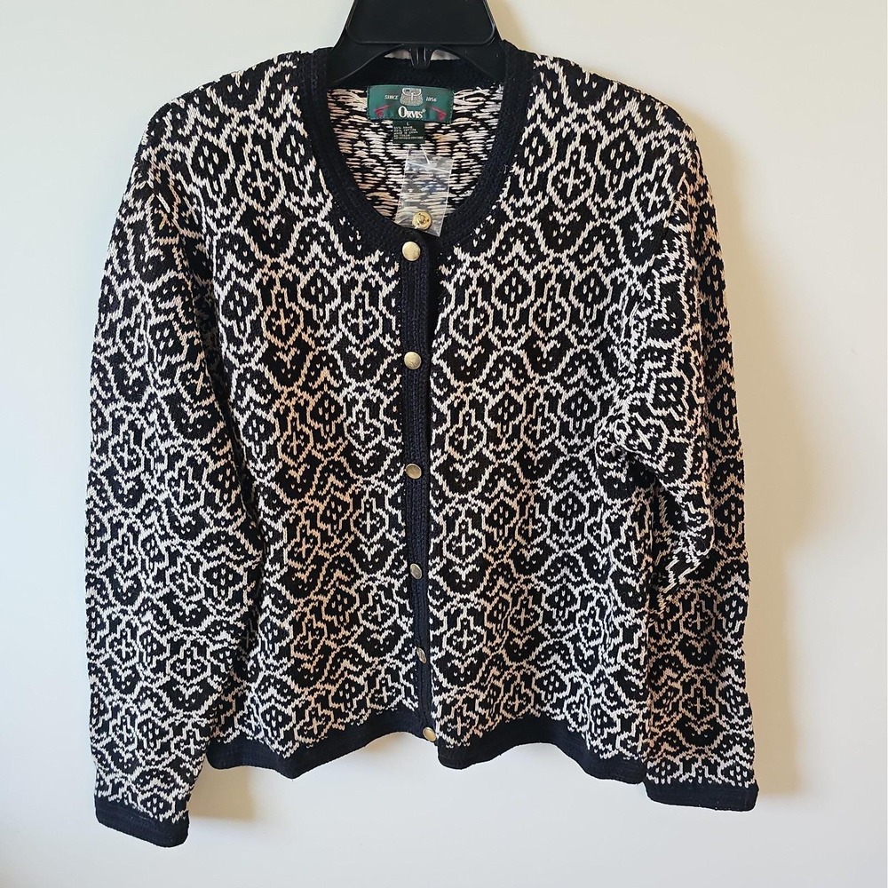 Vintage 90s Orvis Cardigan Sweater L Black Cream Ramie Cotton Geometric Knit
